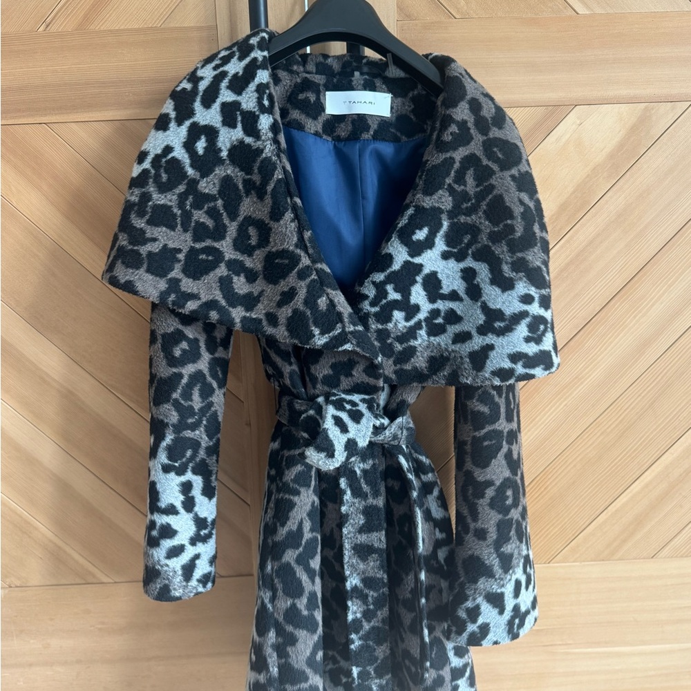 Tahari Black and Gray Leopard Print Coat